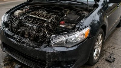 Damaged engine of a car brought to be repaired at an auto repair shop
